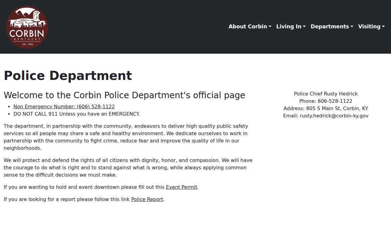 Corbin Police Department official arrest record contact page in Whitley County