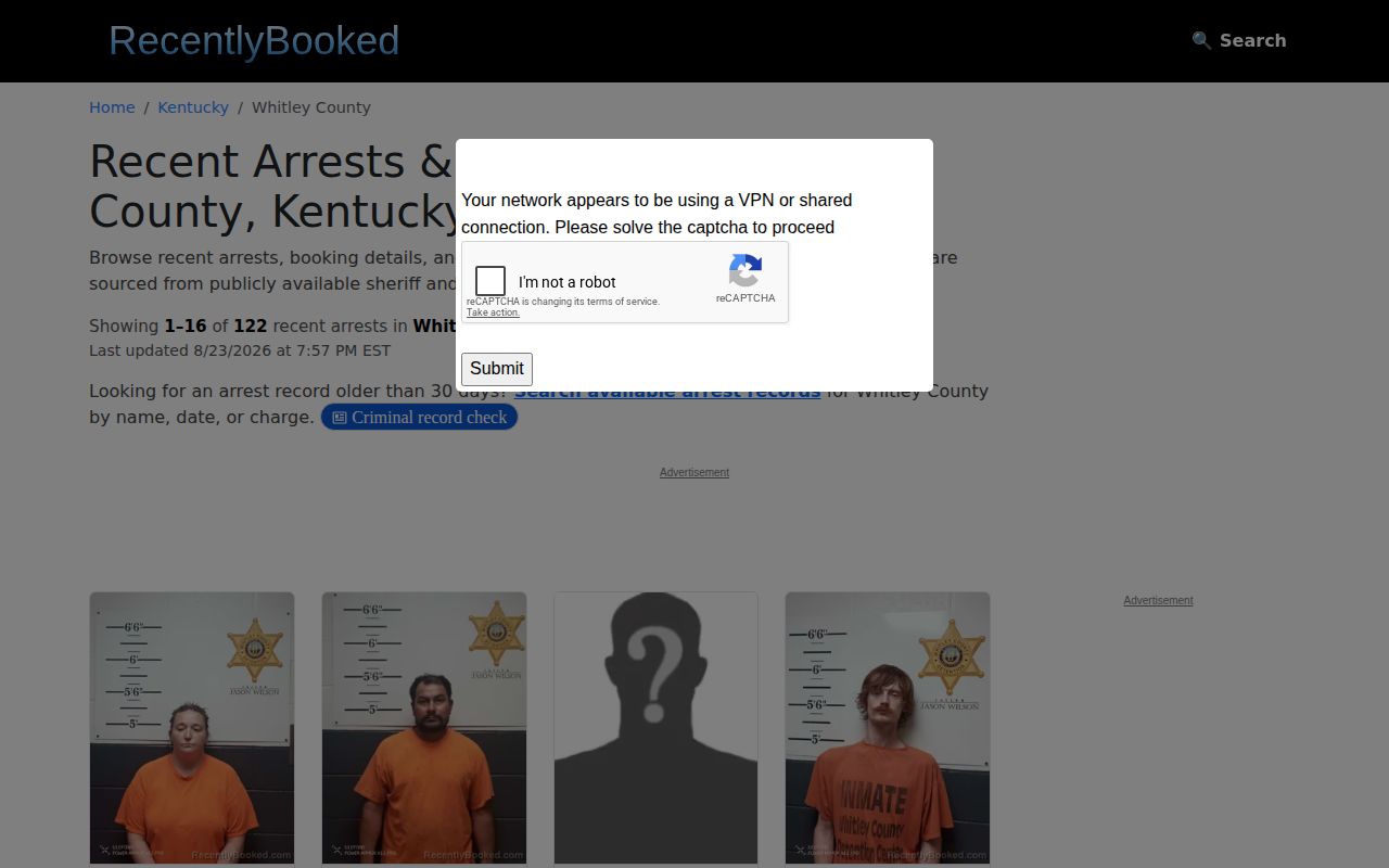 Unofficial Whitley County recent busted bookings secondary index