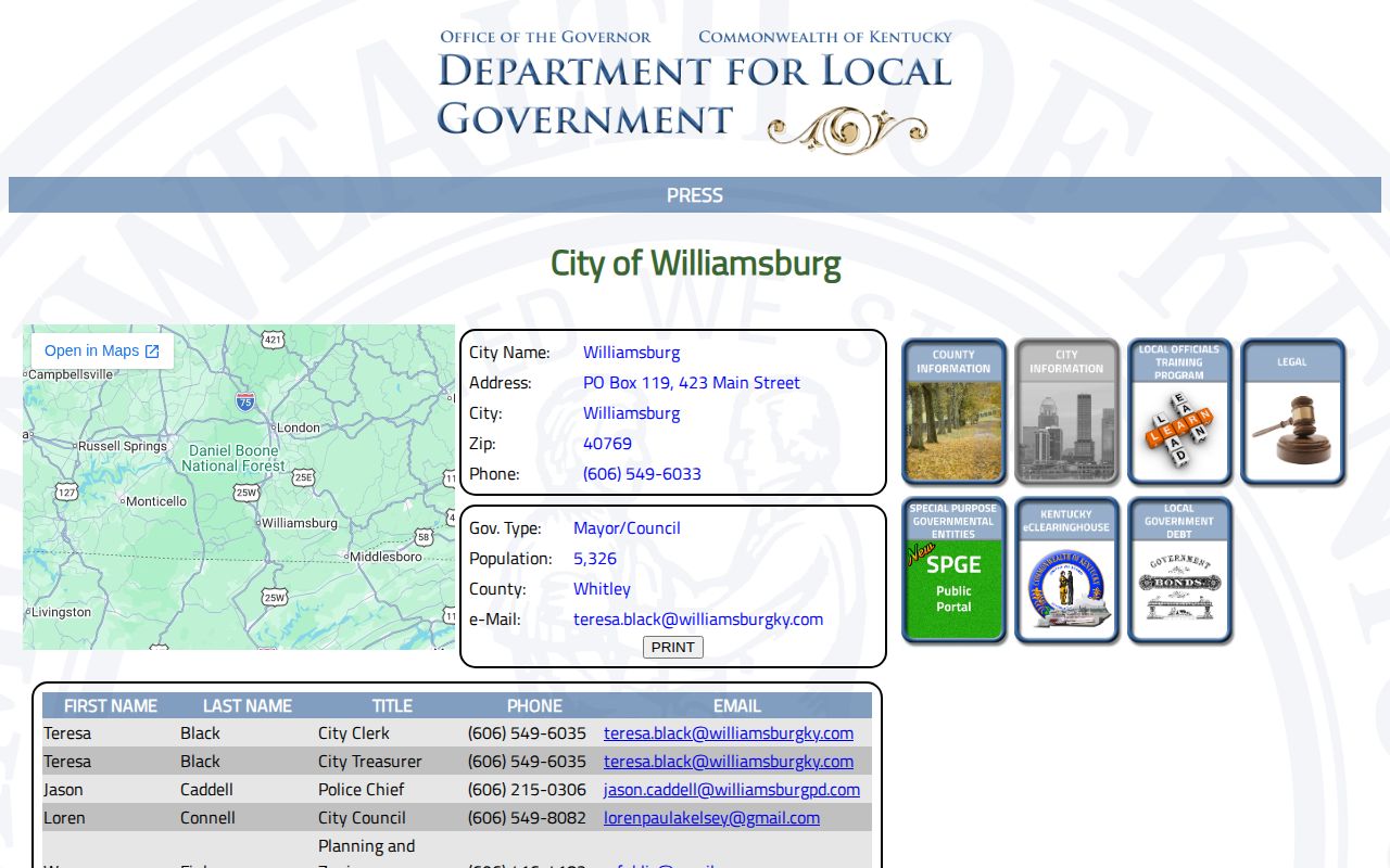 Williamsburg Kentucky official city profile for busted mugshot record routing